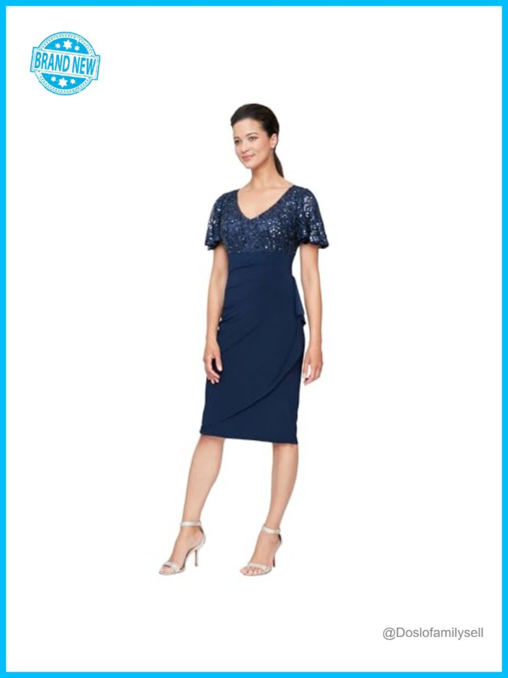 Sequin Bodice V-Neck Knee Length Cocktail Dress Flutter Sleeve